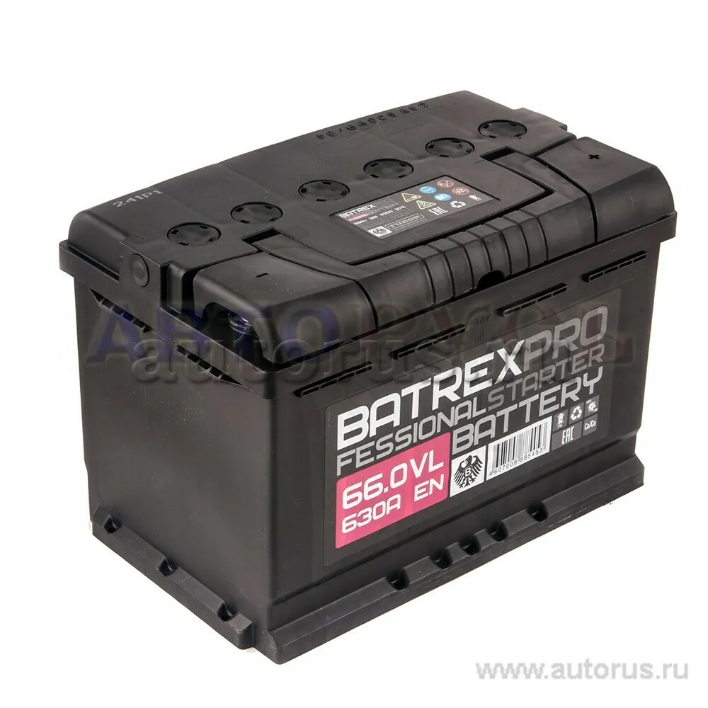 Аккумулятор BATREX STANDART 66 Ач обратная R+ EN 630A, 278x175x190 6СТ-66.0 6CT-66.0 L