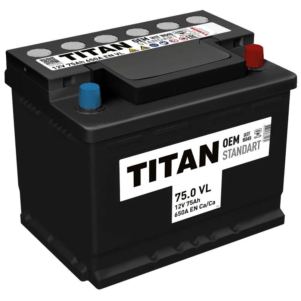 Аккумулятор TITAN STANDART 75 Ач Обратная R+ 276x175x190 EN650 А