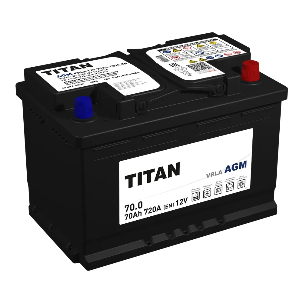 Аккумулятор TITAN AGM Stop&Go 70 Ач Обратная R+ 278x175x190 EN720 A