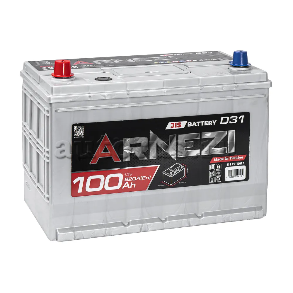 Аккумулятор ARNEZI JIS SMF 100 Ач прямой L+ 306x176x225 D31 EN 820 А