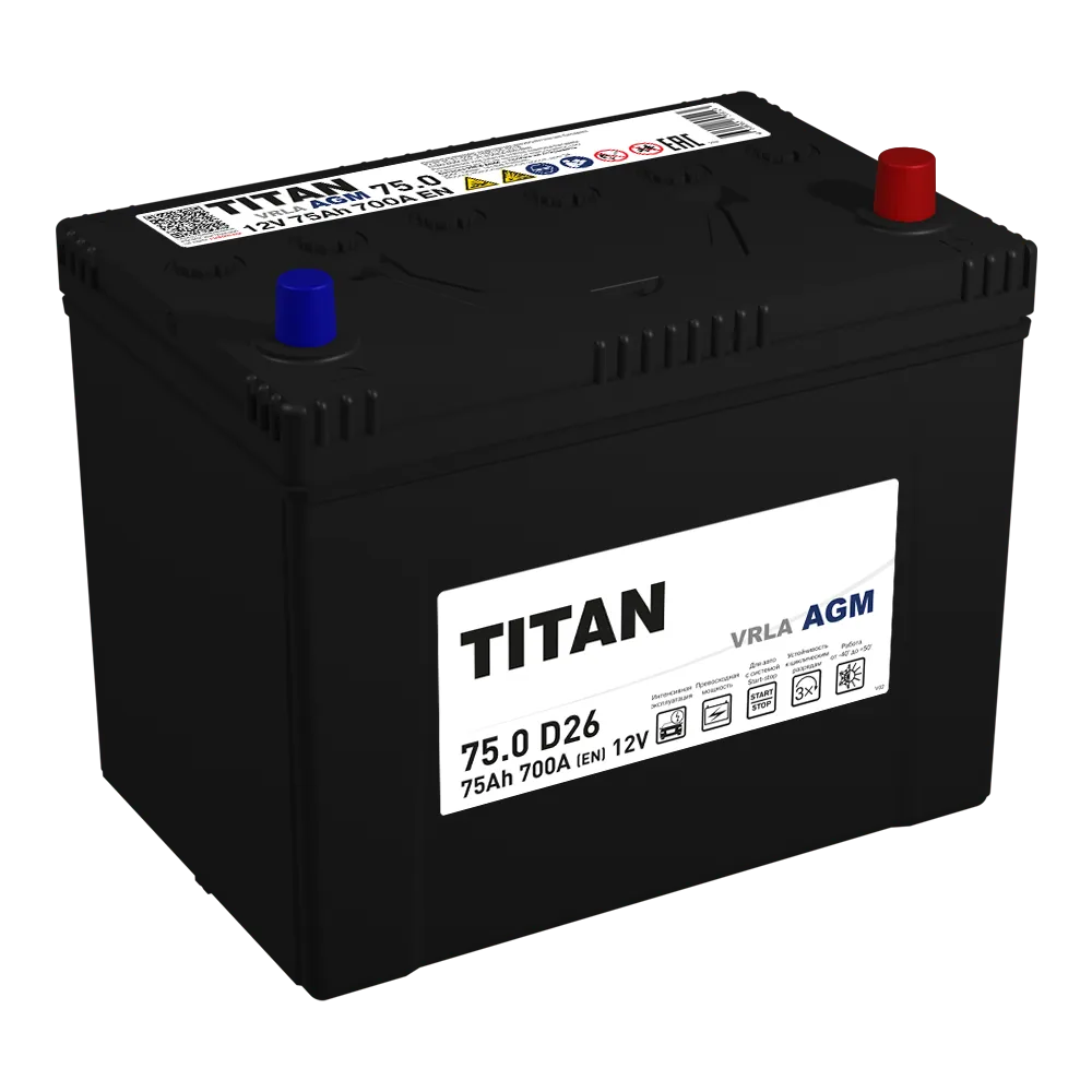 Аккумулятор TITAN AGM Stop&Go 75 Ач Обратная R+ 258x175x223 EN650 A