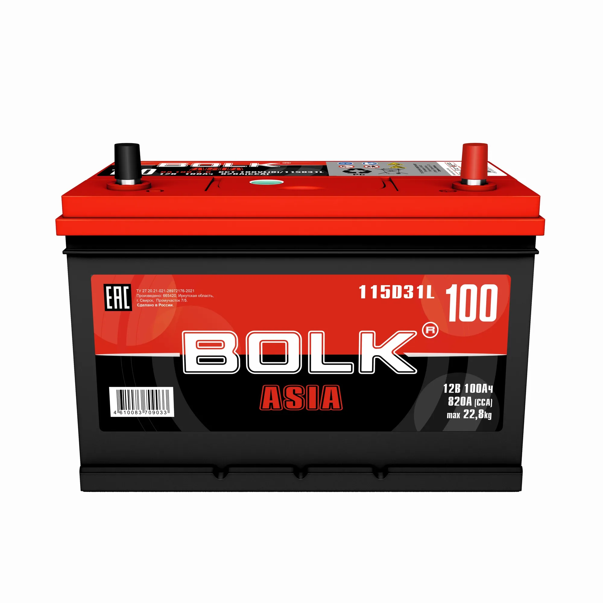 Аккумулятор BOLK ASIA 100 Ач обратный R+ 306x175x225 D31 EN 820 А