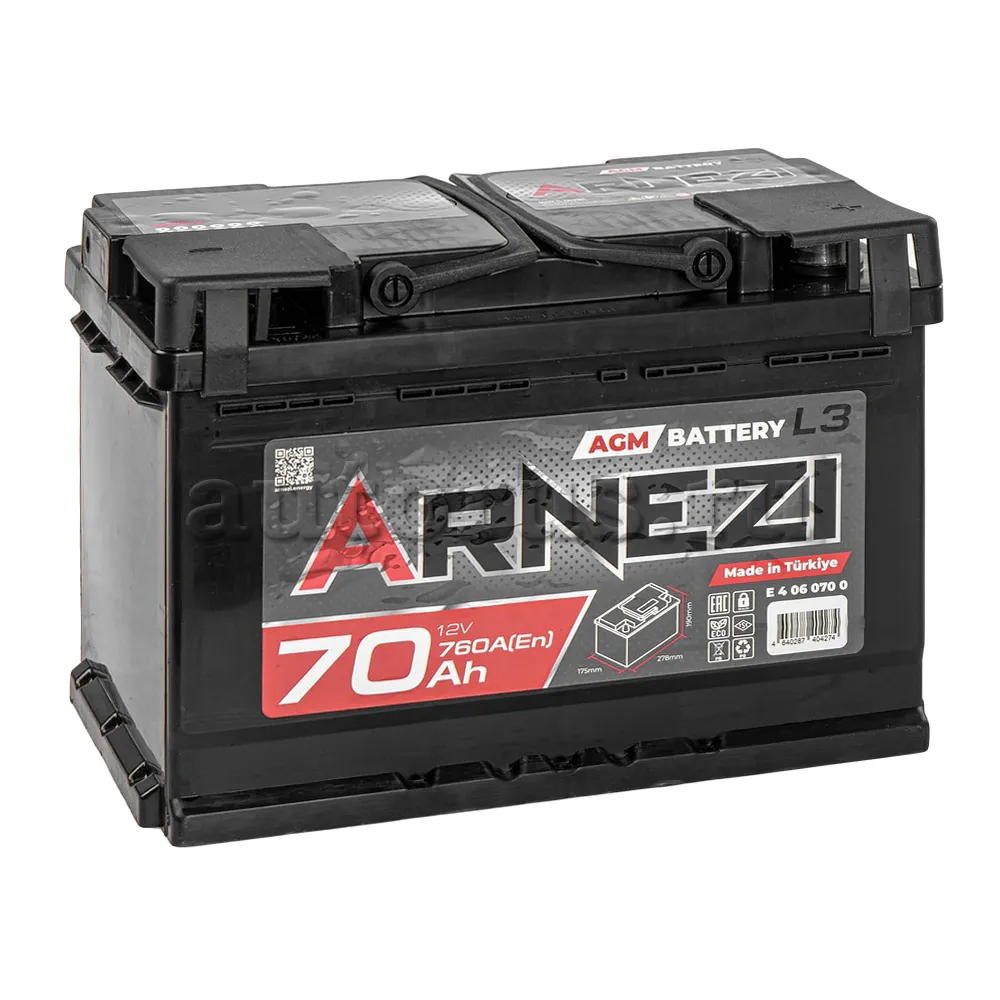 Аккумулятор ARNEZI AGM Start-stop 70 Ач обратный R+ 278x175x190 L3 EN 760 А