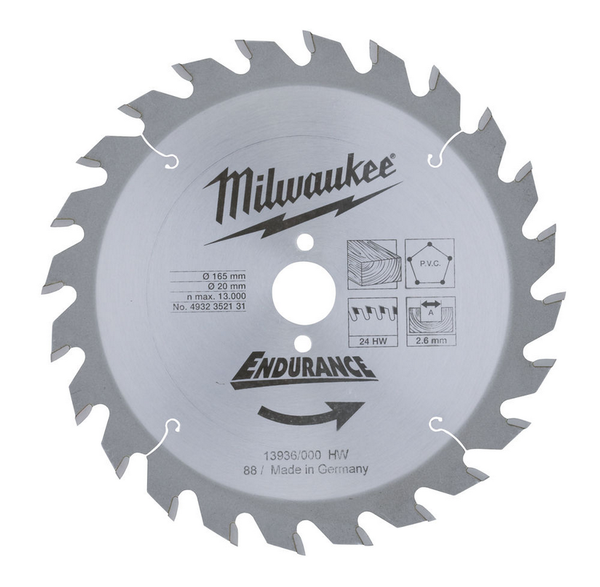 Диск пильный (по дереву) MILWAUKEE D 165х20х2,6 мм 24Z (1 шт.)