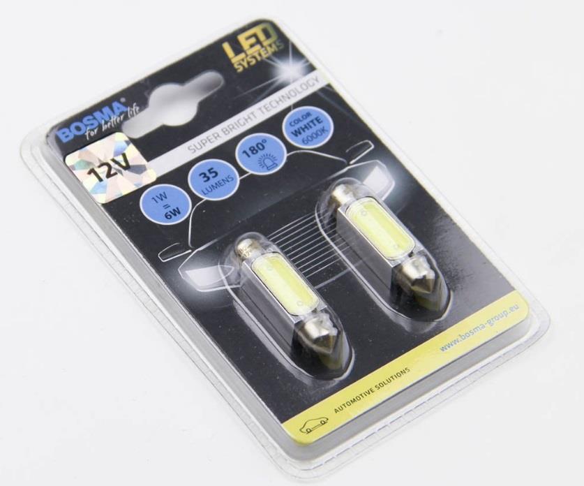 Лампа светодиодная SV8,5 LED 12V 1xSMD MEGA LED WHITE 10X41 (2 шт) (3680) BOSMA 3680