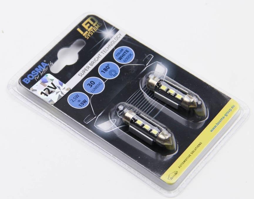 Лампа светодиодная SV8,5 LED 12V 3XSMD 2828 LED WHITE 10x31 (2 шт) (3765) BOSMA 3765