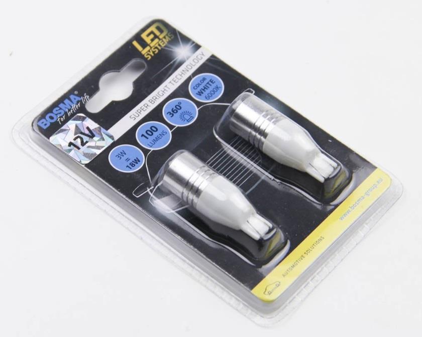 Лампа светодиодная T15 LED 12V 1xSMD 7080 LED WHITE (2 шт) (4236) BOSMA 4236