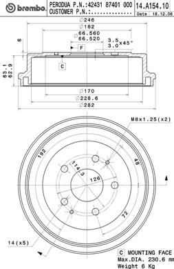 14A15410 BREMBO Тормозной барабан