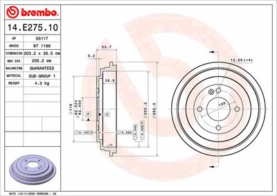 14E27510 BREMBO Тормозной барабан