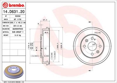 14D63120 BREMBO Тормозной барабан