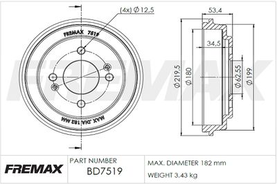 BD7519 FREMAX Тормозной барабан