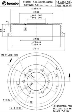 14A67420 BREMBO Тормозной барабан