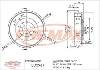 BD3961 FREMAX Тормозной барабан